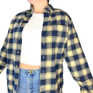 Eddie Bauer Navy Beige Flannel Plaid Long Sleeve Button Down Shirt Large